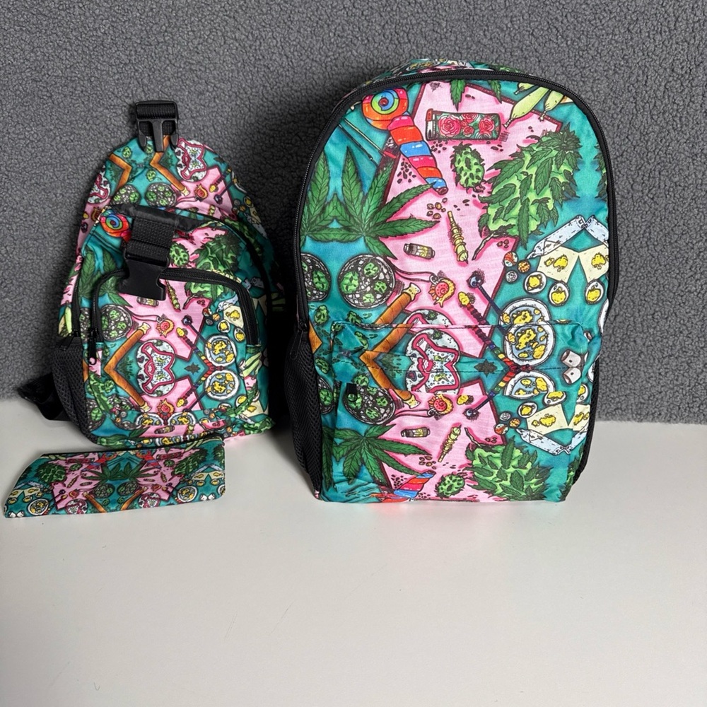 Colorful Cannabis Backpack with Shoulder Bag and Pencil Case. Brand New!